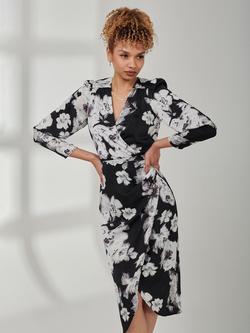 Jolie Moi Floral Satin Wrap Midi Dress, Black Floral, Black Floral