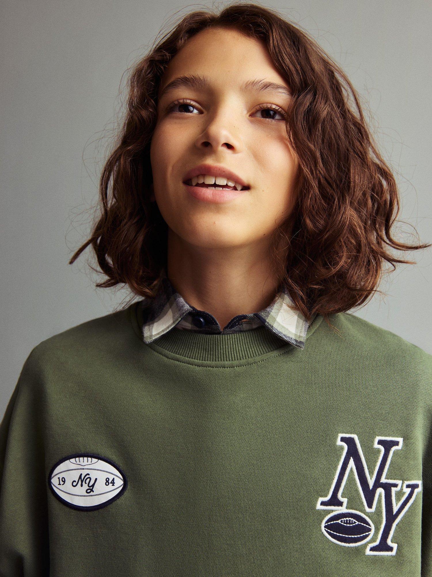 Product image 1 of 7, which shows Mango Kids' Cotton NY Crew Neck Sweatshirt, Green, 7-8 years