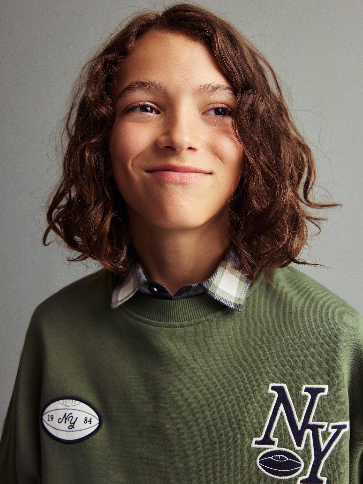 Product image 6 of 7, which shows Mango Kids' Cotton NY Crew Neck Sweatshirt, Green, 7-8 years
