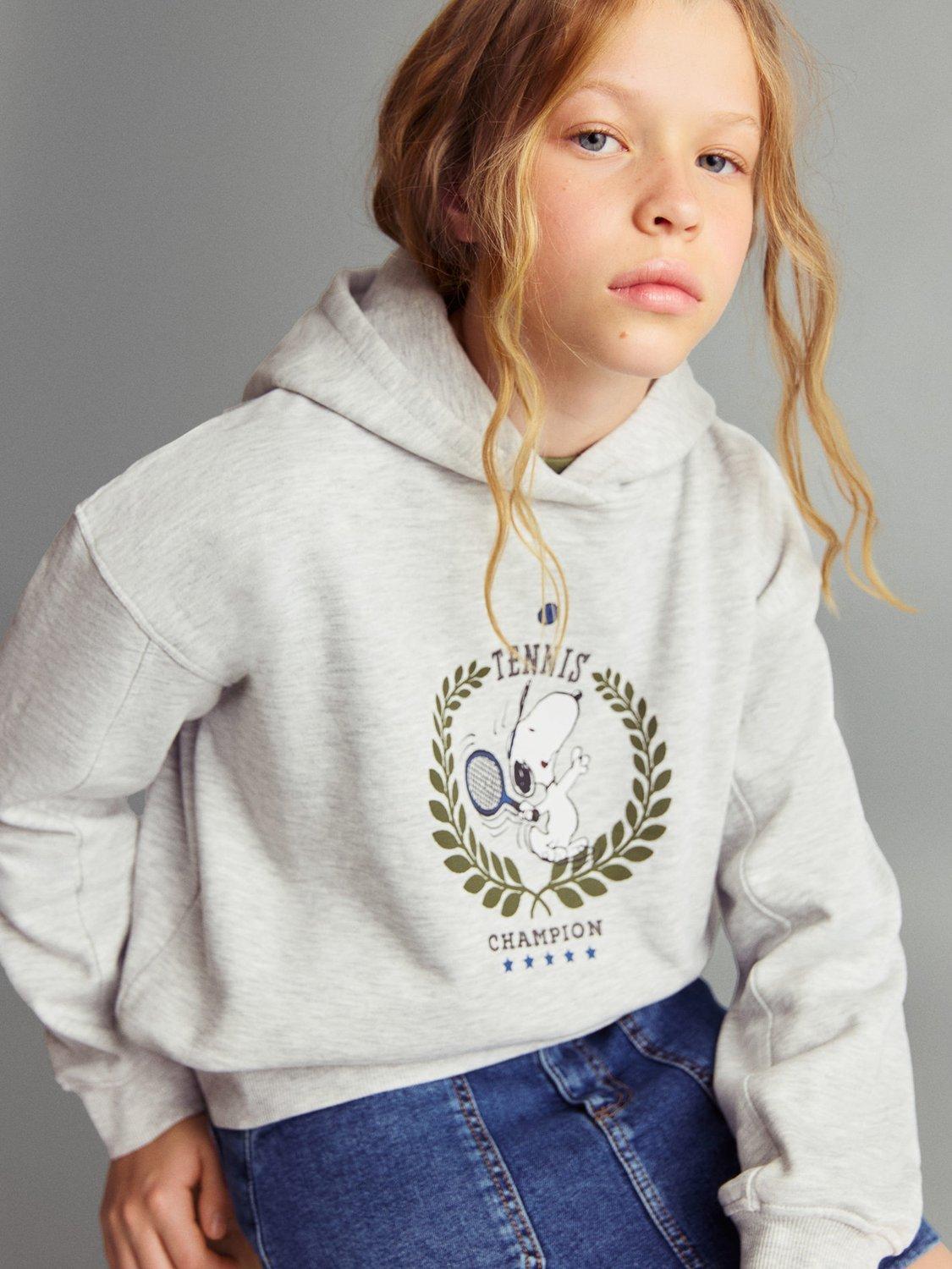 Product image 1 of 6, which shows Mango Kids' Snoopy Champion Sweatshirt, Light Pastel Grey, 9-10 years