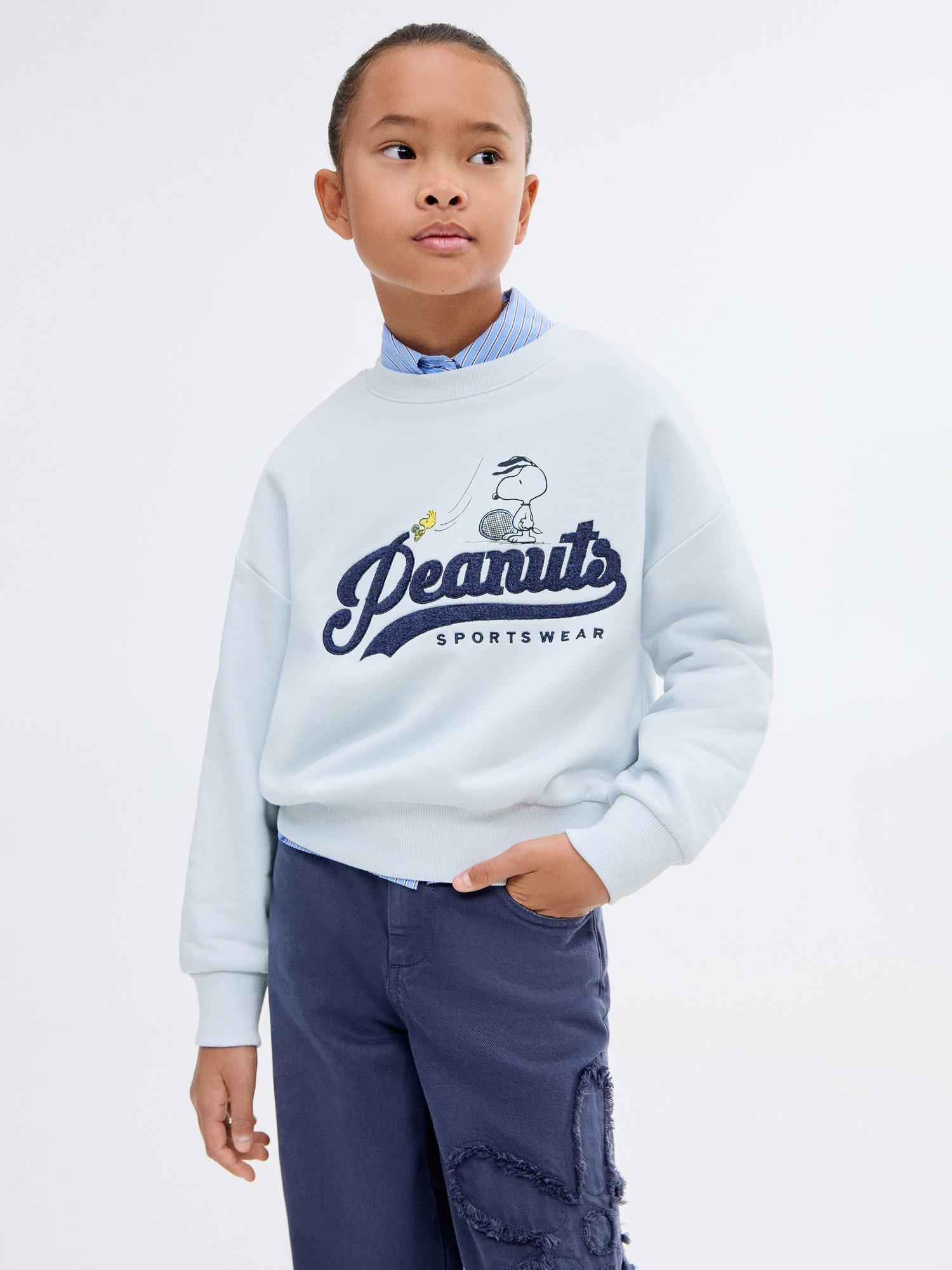 Product image 1 of 7, which shows Mango Kids' Cotton Snoopy Peanuts Sweatshirt, Pastel Blue, 5-6 years
