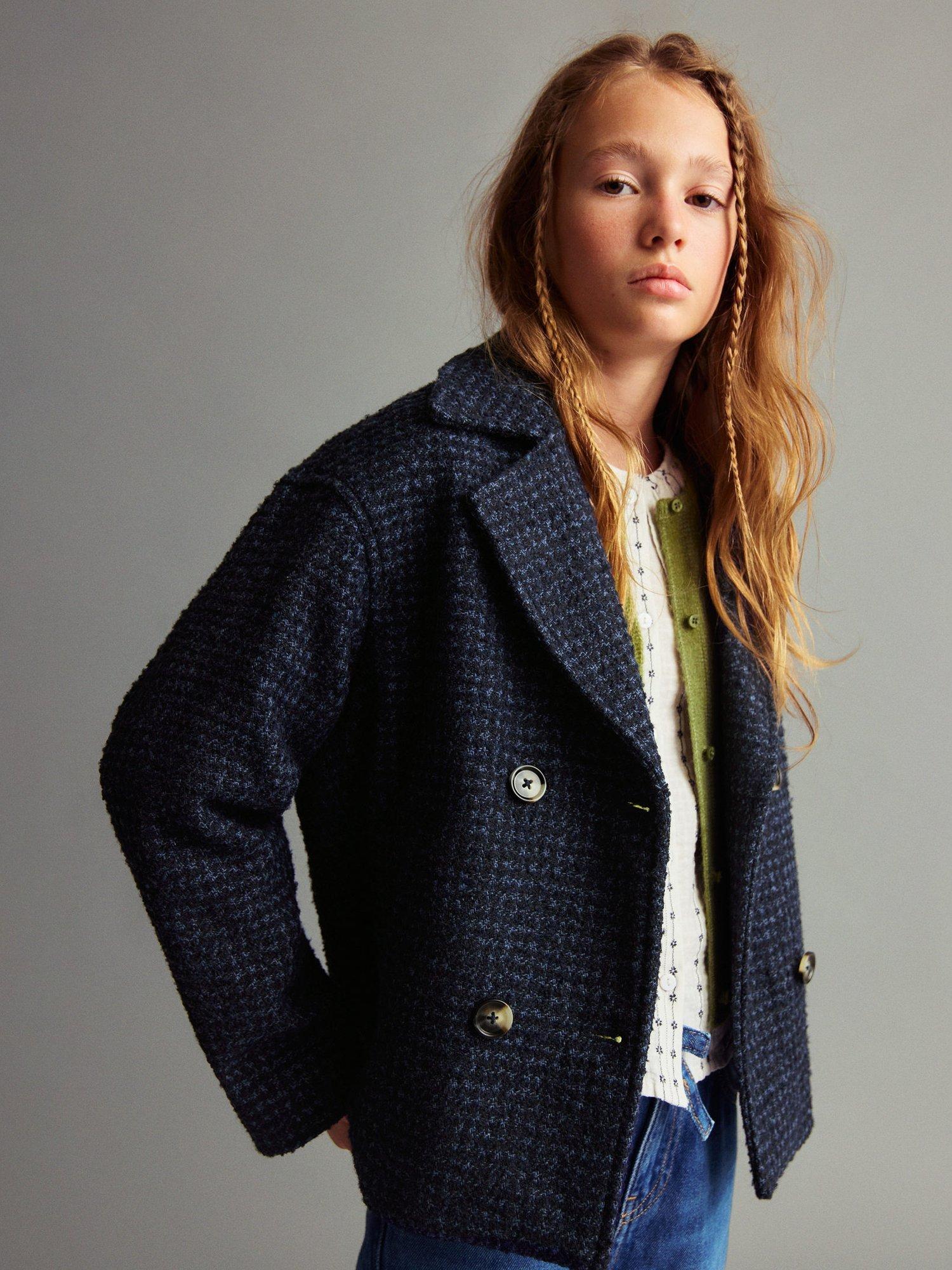 Product image 1 of 5, which shows Mango Kids' Indigo Double Breasted Tweed Coat, Navy, 6 years