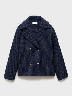Mango Kids' Indigo Double Breasted Tweed Coat, Navy - view 2, Navy