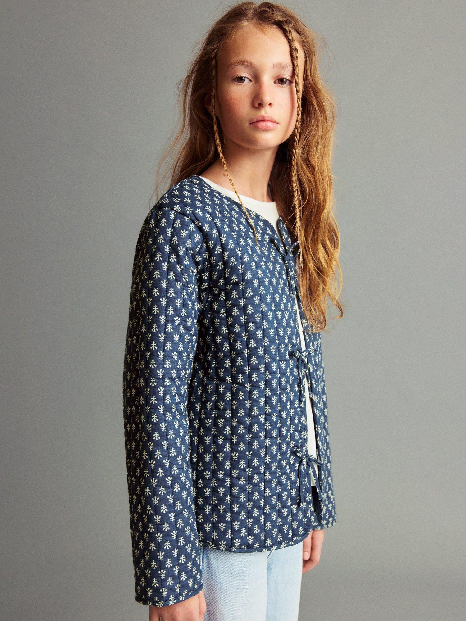 Product image 1 of 6, which shows Mango Kids' Yas Cotton Bow Front Jacket, Navy, 10 years