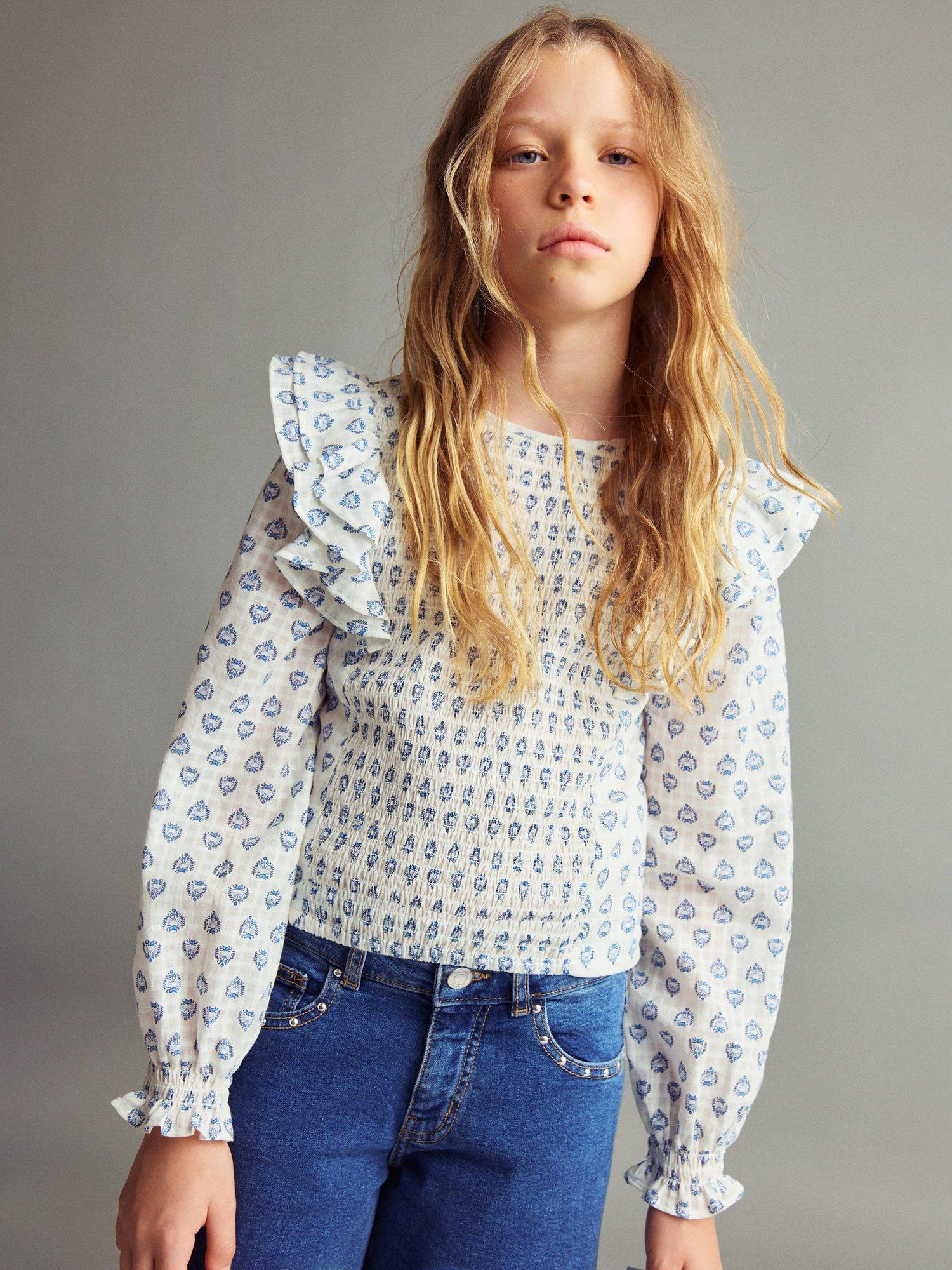 Product image 1 of 7, which shows Mango Kids' Maca Cotton Frill Sleeve Blouse, White/Blue, 10 years