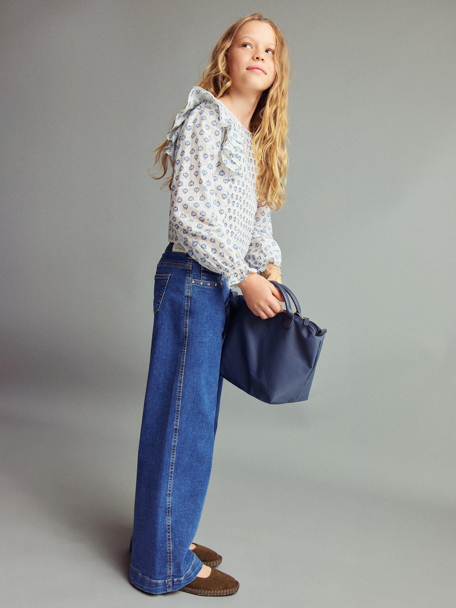 Product image 2 of 7, which shows Mango Kids' Maca Cotton Frill Sleeve Blouse, White/Blue, 10 years