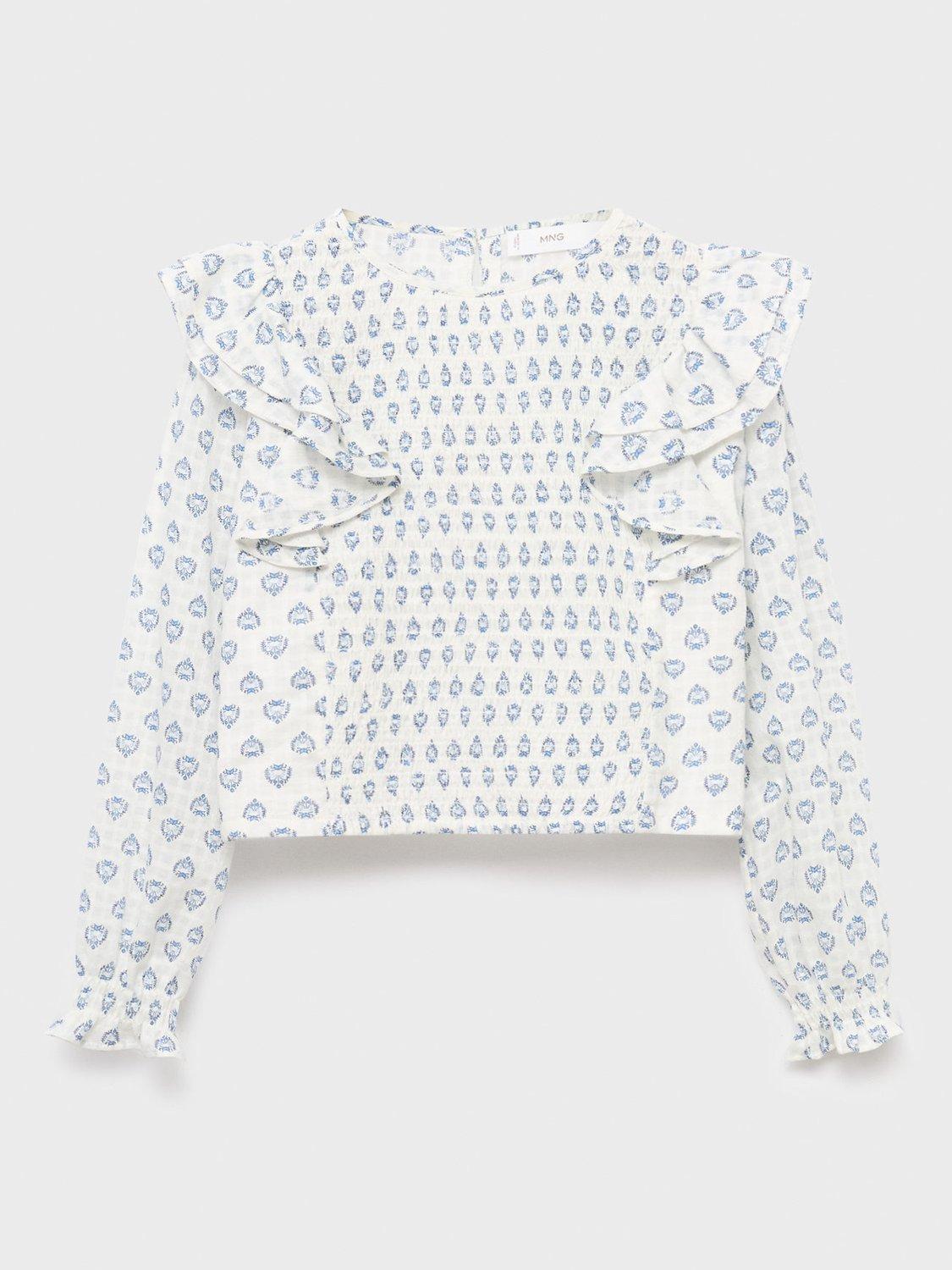 Product image 3 of 7, which shows Mango Kids' Maca Cotton Frill Sleeve Blouse, White/Blue, 10 years