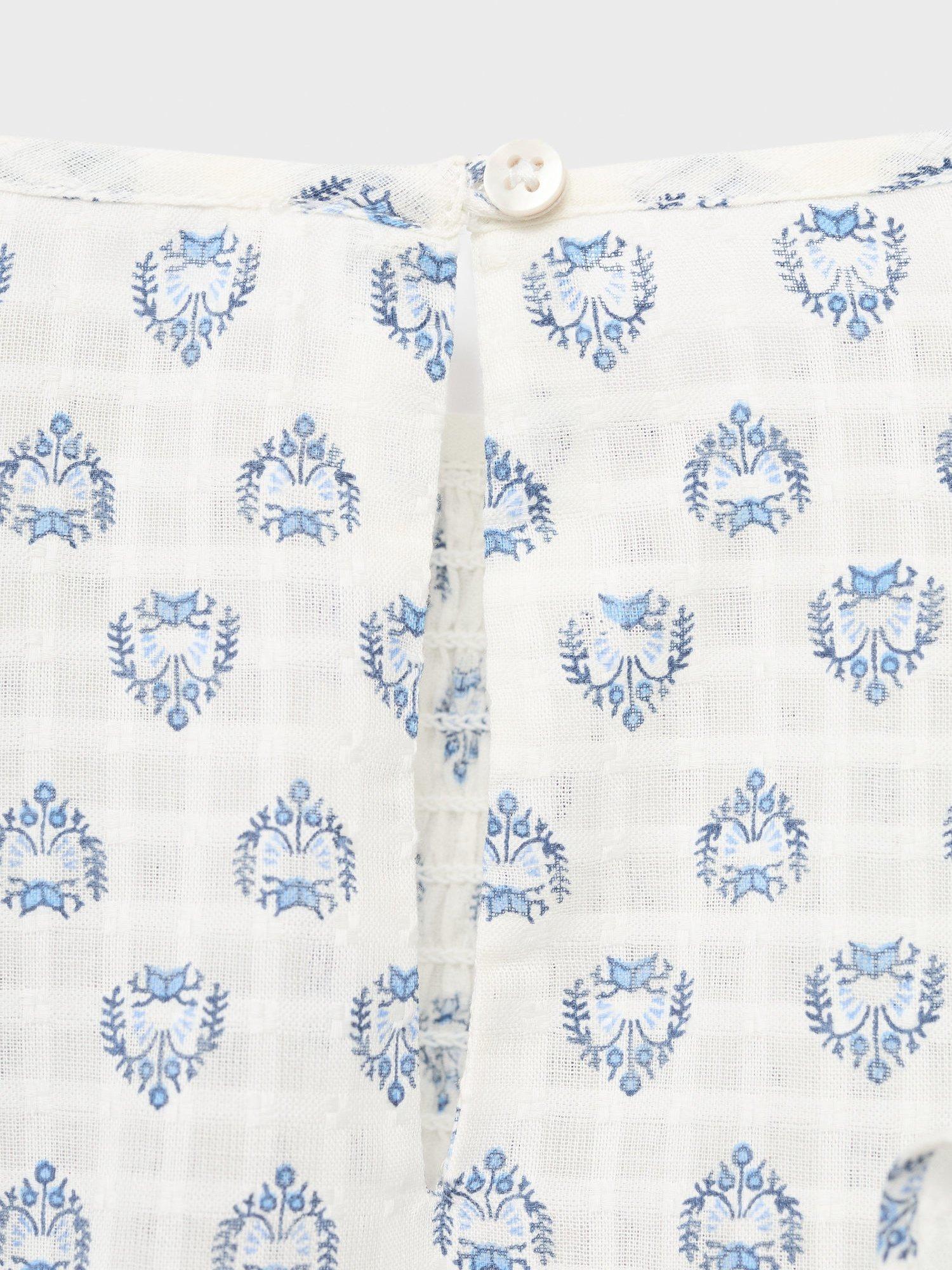 Product image 5 of 7, which shows Mango Kids' Maca Cotton Frill Sleeve Blouse, White/Blue, 10 years