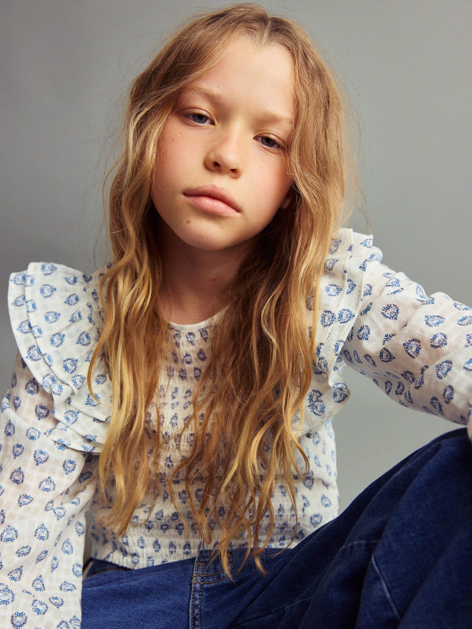 Product image 6 of 7, which shows Mango Kids' Maca Cotton Frill Sleeve Blouse, White/Blue, 10 years