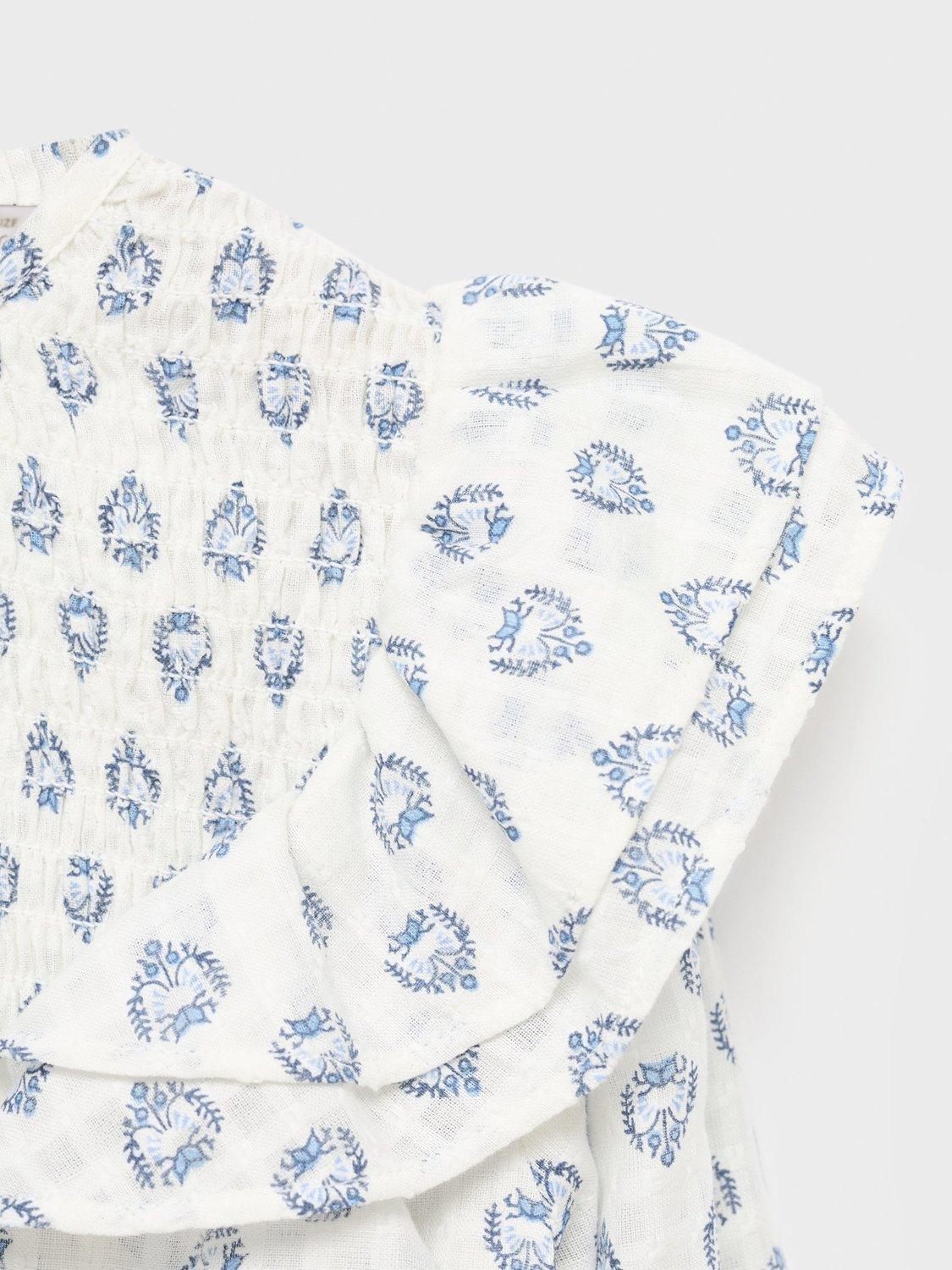 Product image 7 of 7, which shows Mango Kids' Maca Cotton Frill Sleeve Blouse, White/Blue, 10 years