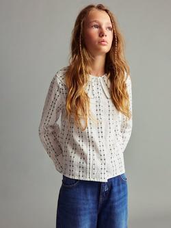 Mango Kids' Roma Cotton Babydoll Collar Floral Blouse, Light Beige, Light Beige