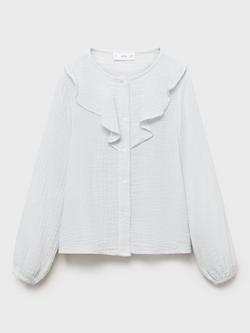 Mango Kids' Cotton Textured Long Sleeved Ruffle Shirt, Light Pastel Blue - view 2, Light Pastel Blue