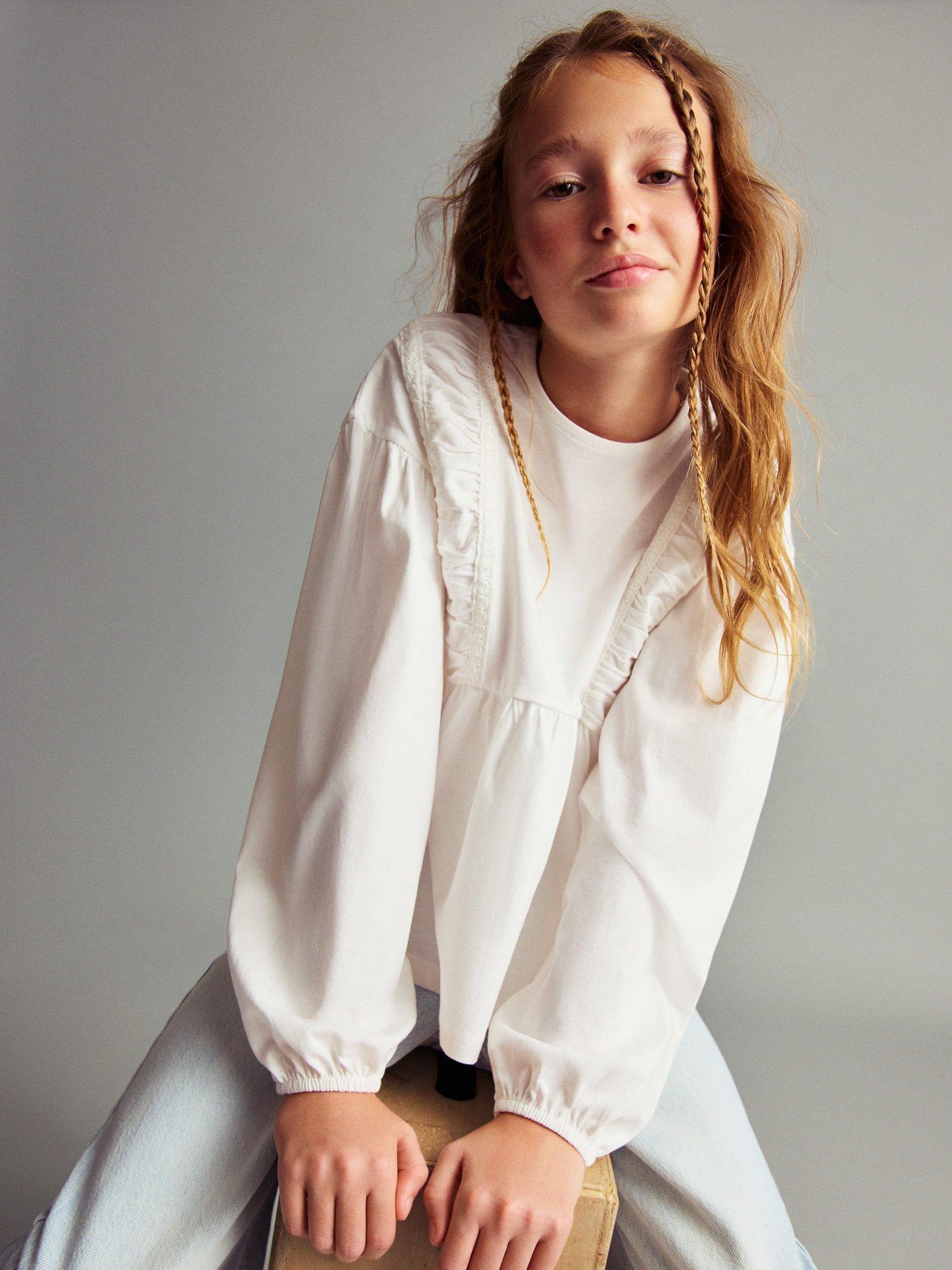 Product image 1 of 5, which shows Mango Kids' Cotton Frilled Long Sleeved Top, Natural White, 5-6 years