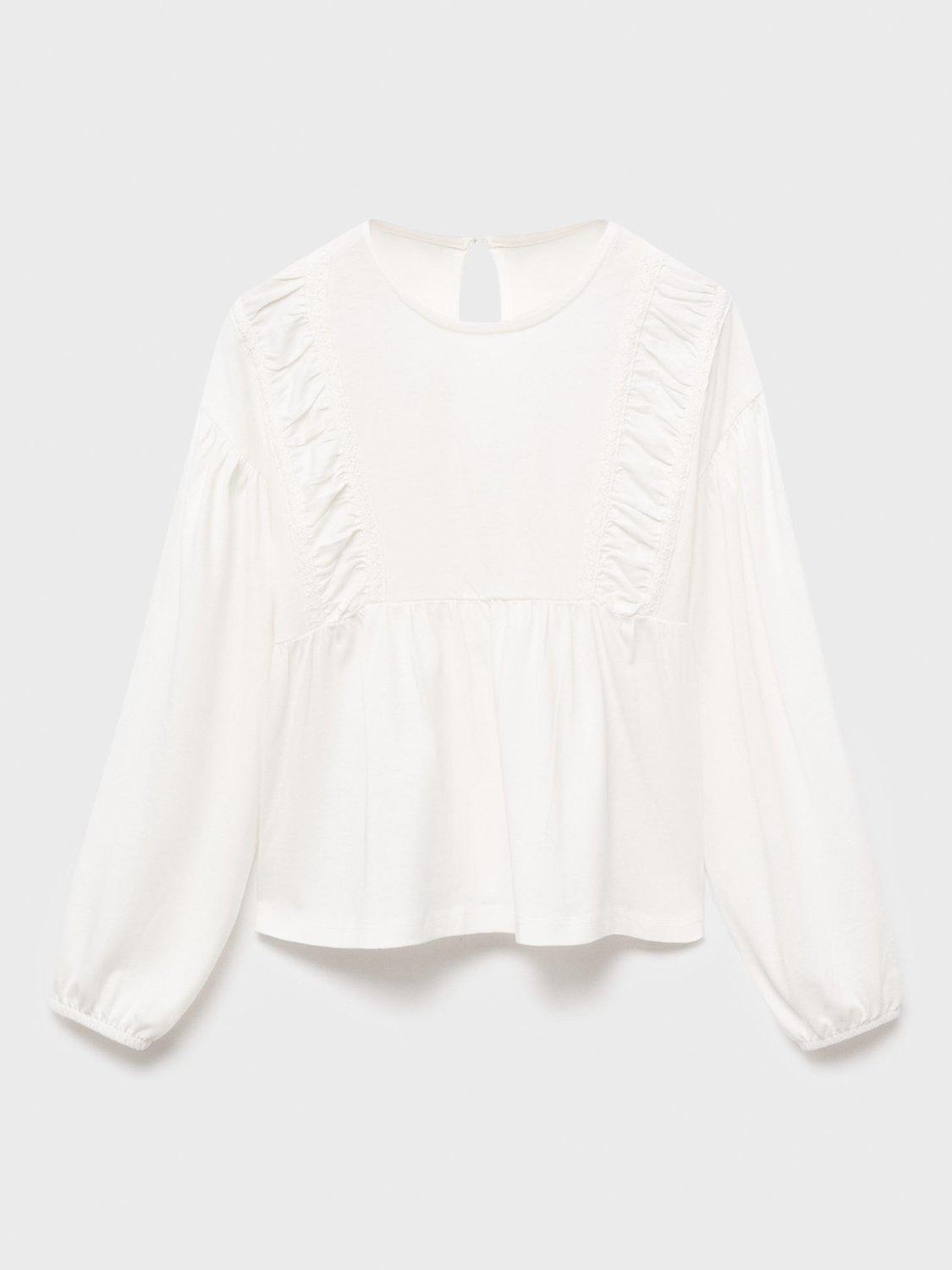 Product image 2 of 5, which shows Mango Kids' Cotton Frilled Long Sleeved Top, Natural White, 5-6 years