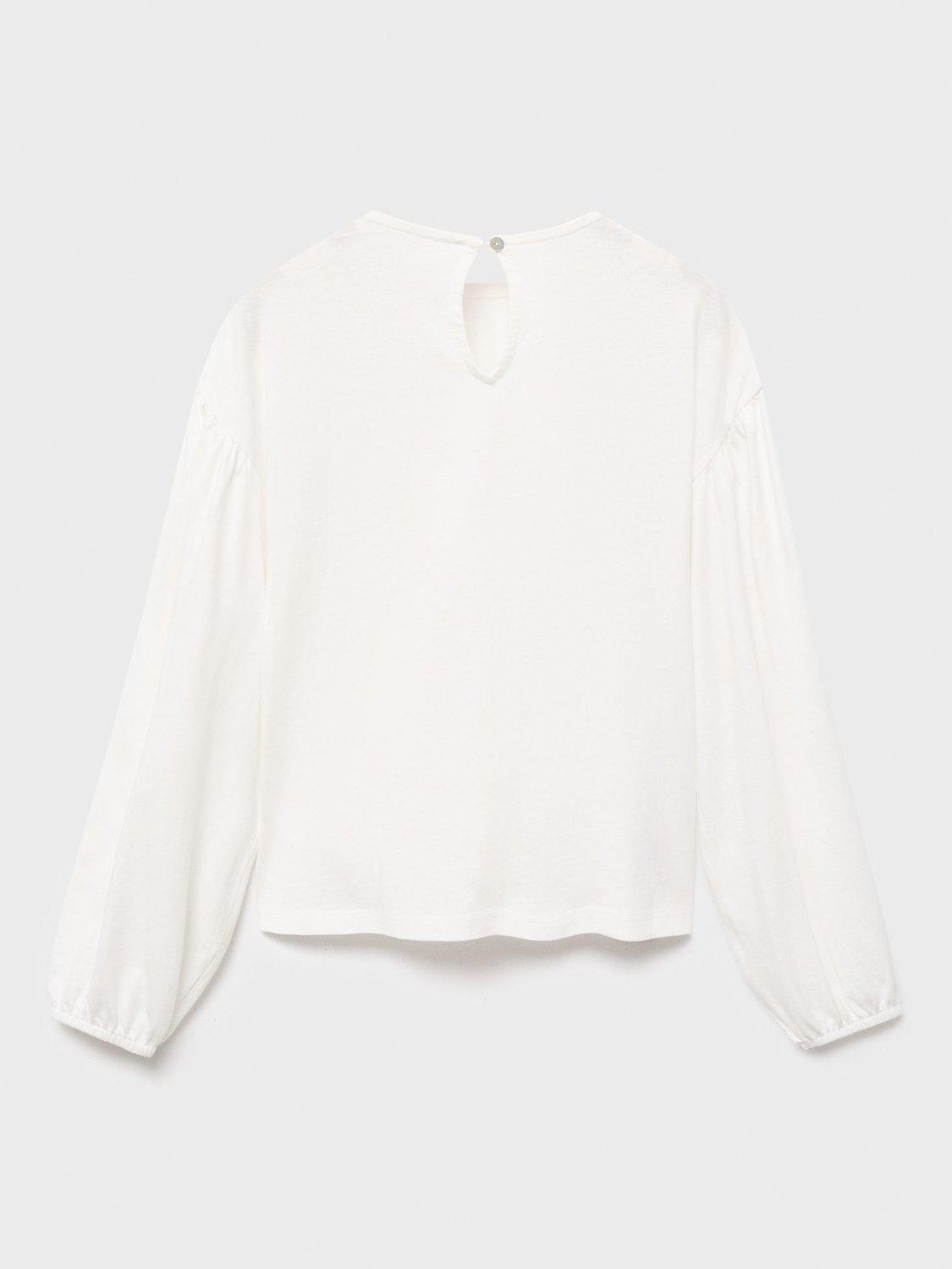 Product image 3 of 5, which shows Mango Kids' Cotton Frilled Long Sleeved Top, Natural White, 5-6 years