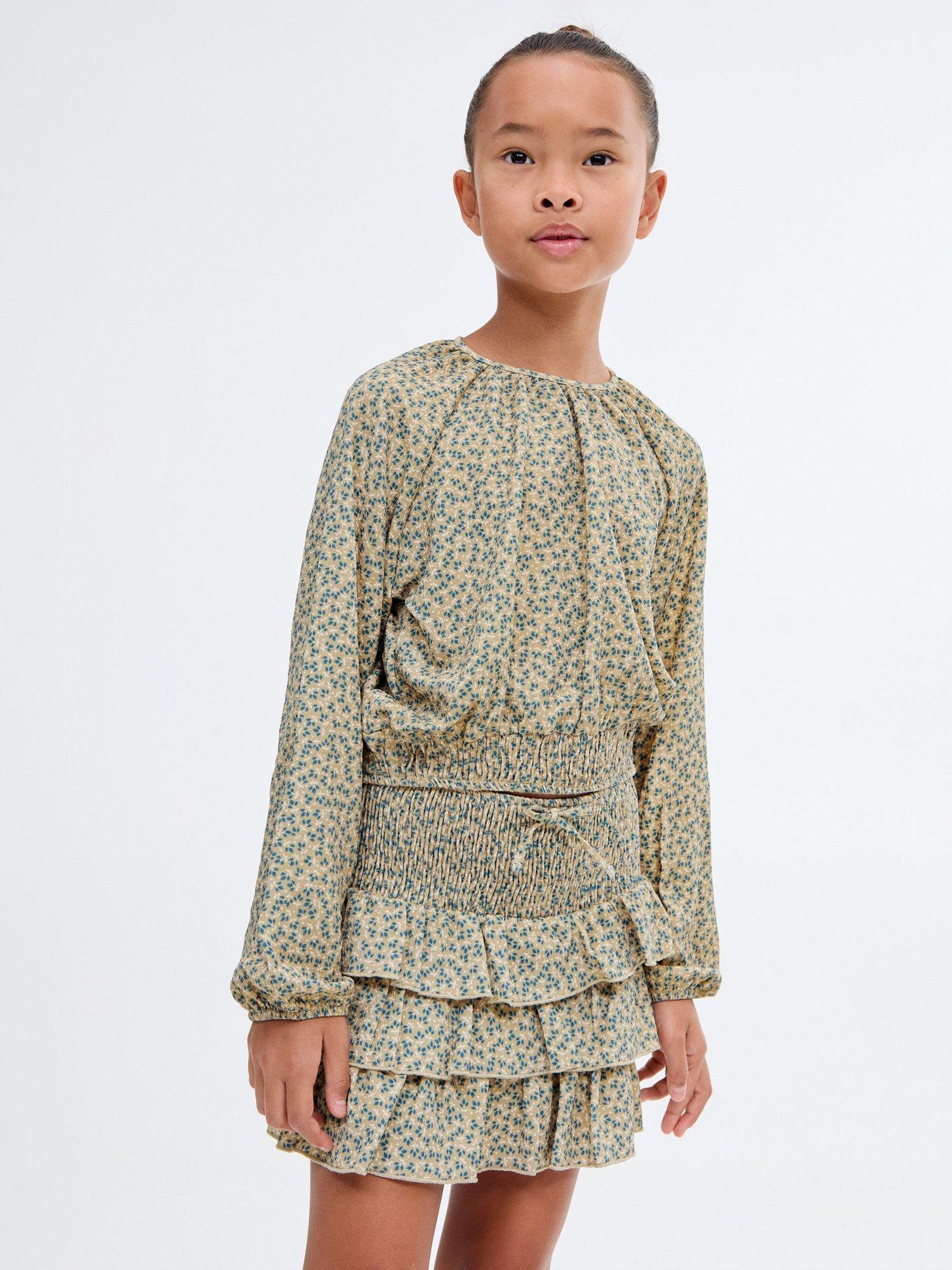 Product image 1 of 7, which shows Mango Kids' Long Sleeved Floral Top, Green, 11-12 years
