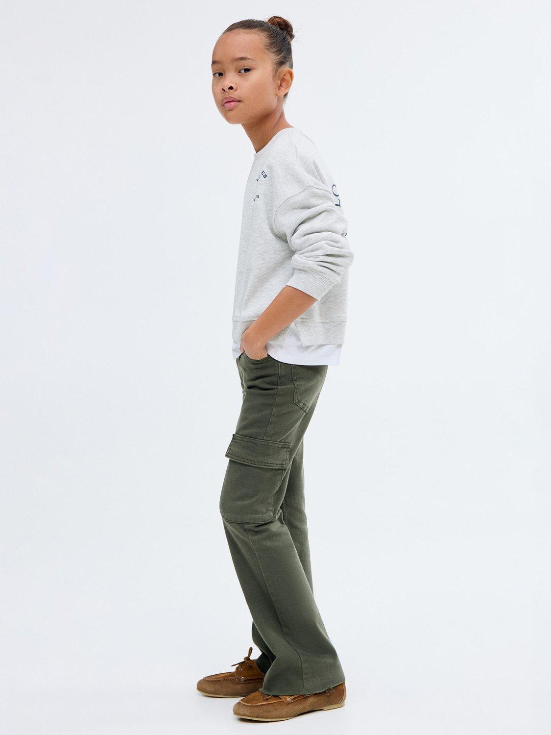 Product image 2 of 7, which shows Mango Kids' Cotton Blend Frayed Cargo Jeans, Medium Green, 7 years