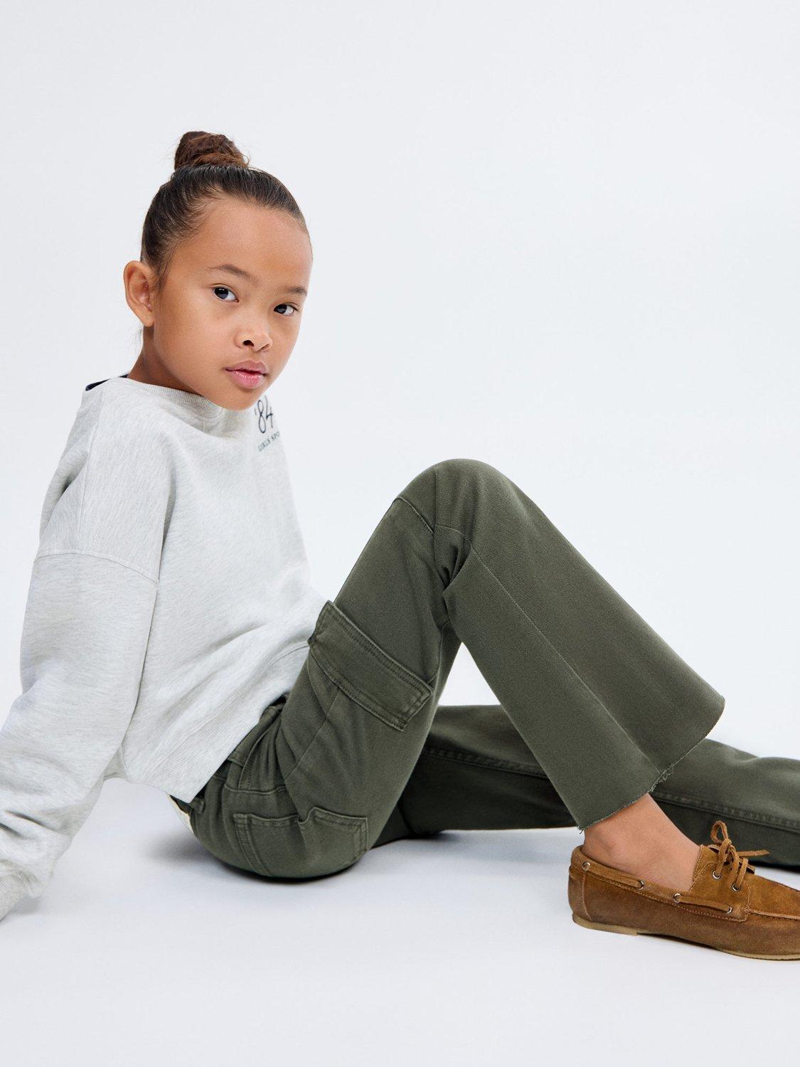 Product image 6 of 7, which shows Mango Kids' Cotton Blend Frayed Cargo Jeans, Medium Green, 7 years