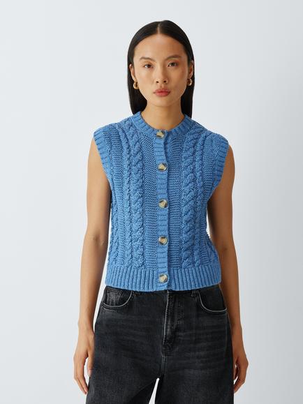 John Lewis Rae Sleeveless Cotton Blend Cable Knit Cardigan, Light Blue