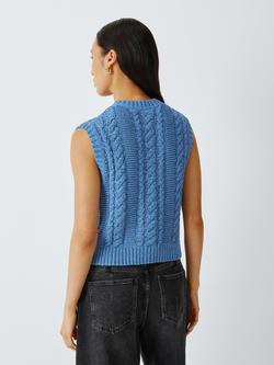 John Lewis Rae Sleeveless Cotton Blend Cable Knit Cardigan - view 2, Light Blue
