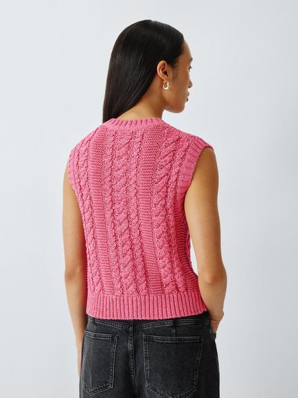 John Lewis Rae Sleeveless Cotton Blend Cable Knit Cardigan - view 2, Pink