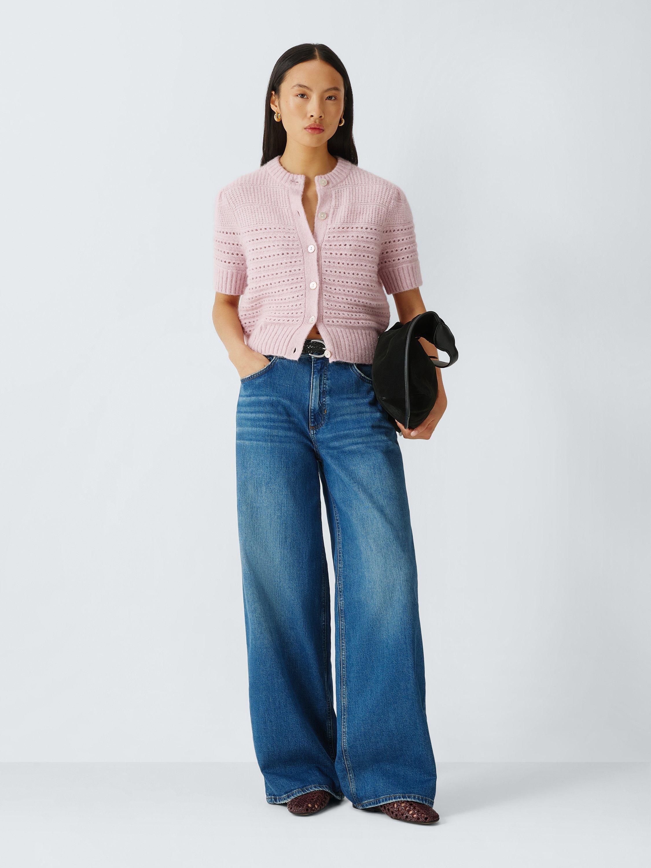 Product image 3 of 6, which shows AND/OR Boxy Pointelle Cardigan, Light Pink, XS