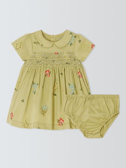 John Lewis Heirloom Collection Baby Floral Hand Smocked Embroidery Dress, Leek Green, Leek Green