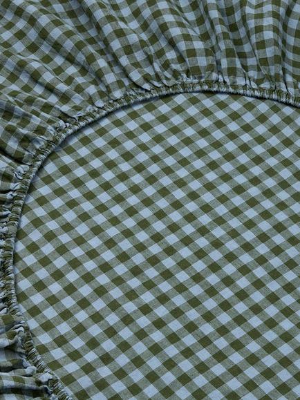 Piglet in Bed Colour Drench Gingham Linen Blend Fitted Sheet - view 2, Fern Green/Dusk Blue