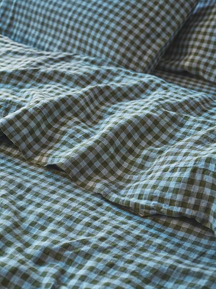 Piglet in Bed Colour Drenched Gingham Linen Blend Flat Sheet, Fern Green/Dusk Blue