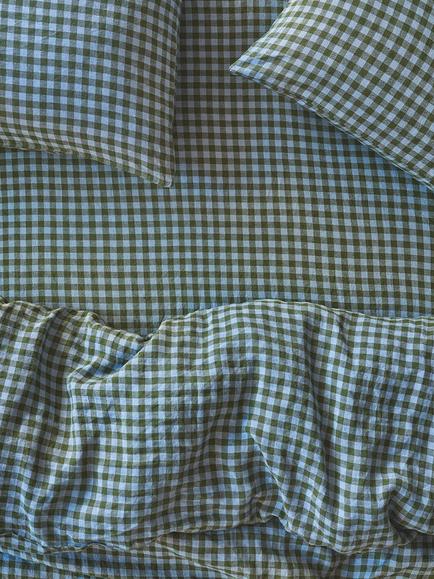 Piglet in Bed Colour Drenched Gingham Linen Fitted Sheet, Fern Green/Dusk Blue