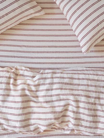Piglet in Bed Kemptown Stripe Linen Blend Fitted Sheet, Rhubarb
