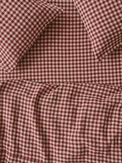 Piglet in Bed Gingham Linen Fitted Sheet, Rhubarb/Oatmeal