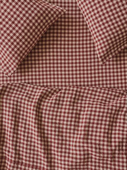 Piglet in Bed Gingham Linen Blend Fitted Sheet, Rhubarb/Oatmeal