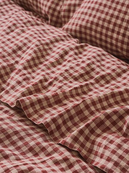 Piglet in Bed Gingham Linen Flat Sheet, Rhubarb/Oatmeal