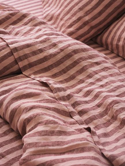Piglet in Bed Pembroke Stripe Linen Flat Sheet, Rhubarb/Rose
