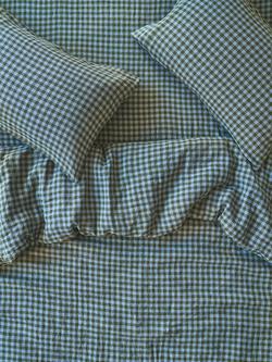 Piglet in Bed Colour Drench Gingham Linen Blend Bedding, Fern Green/Dusk Blue