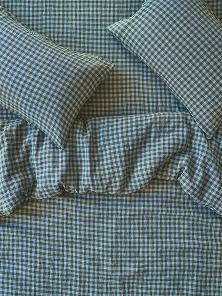 Piglet in Bed Colour Drench Gingham Linen Blend Bedding, Fern Green/Dusk Blue