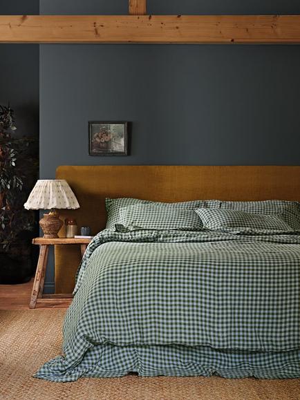 Piglet in Bed Gingham Linen Bedding - view 2, Fern Green/Dusk Blue