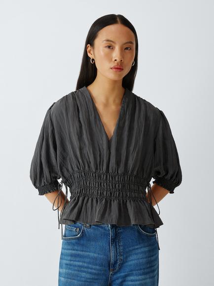 AND/OR Lulu V-Neck Gathered Top, Charcoal