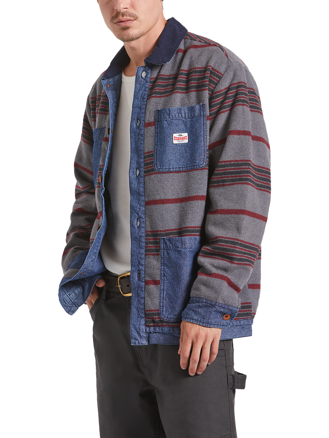 Product image 1 of 9, which shows Brixton Altered Threads Chore Coat, Medium Wash Denim, S