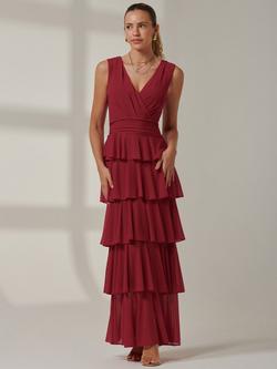 Jolie Moi Sleeveless V Neck Tiered Maxi Dress, Burgundy