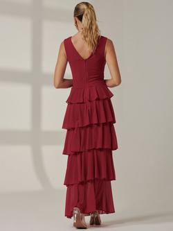 Jolie Moi Sleeveless V Neck Tiered Maxi Dress - view 2, Burgundy