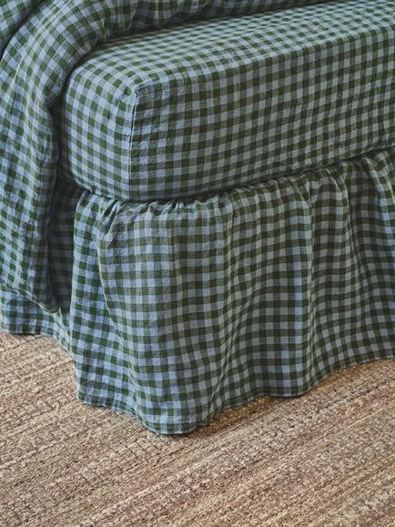 Piglet in Bed Colour Drench Gingham Linen Blend Valance - view 2, Fern Green/Dusk Blue