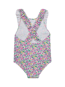 Trotters Kids' Stoneley Frill Swimsuit, Purple/Multi - view 2, Purple/Multi