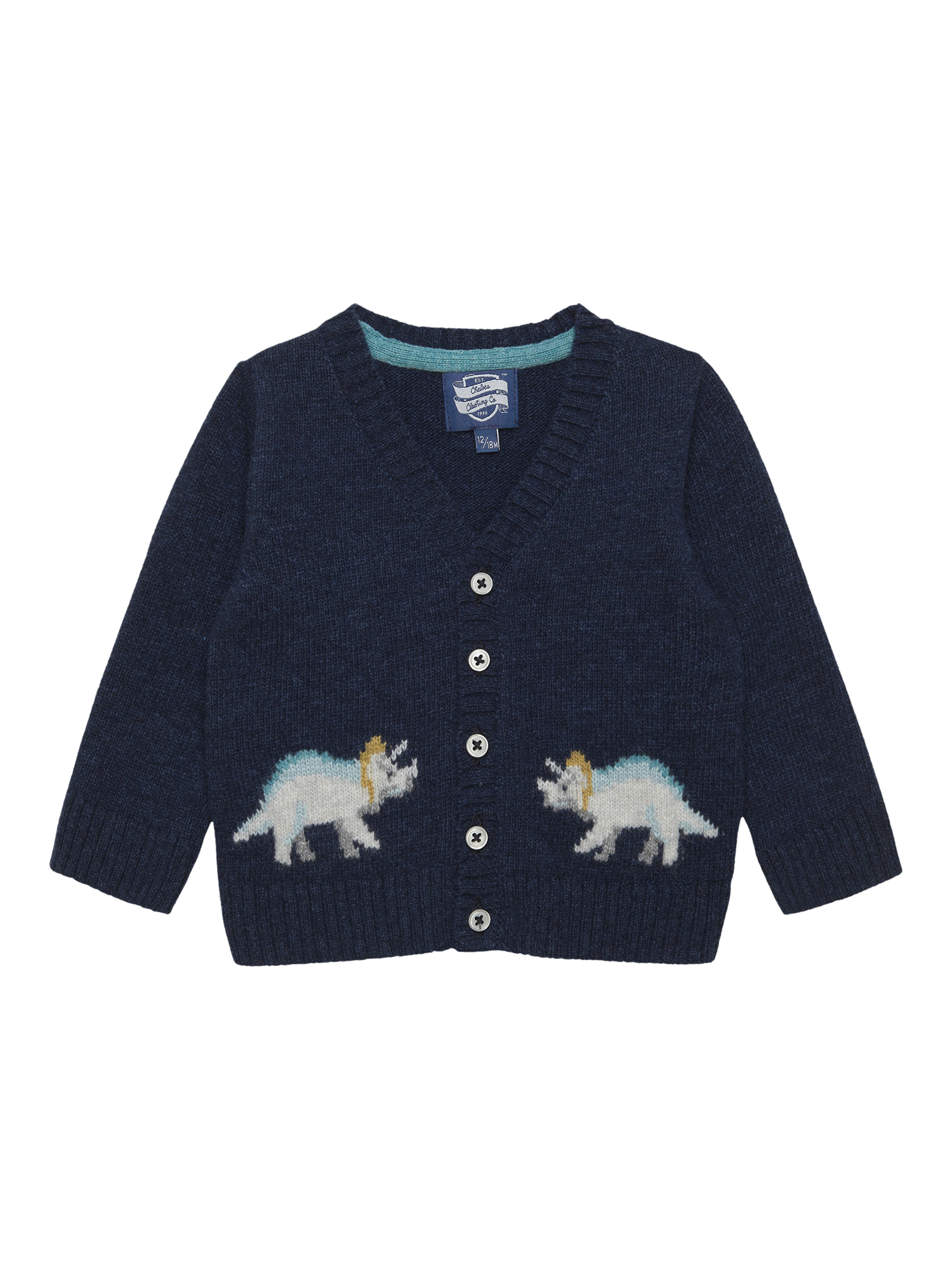 Product image 1 of 2, which shows Trotters Baby Wool Blend Dinosaur Cardigan, Navy, 3-6 months