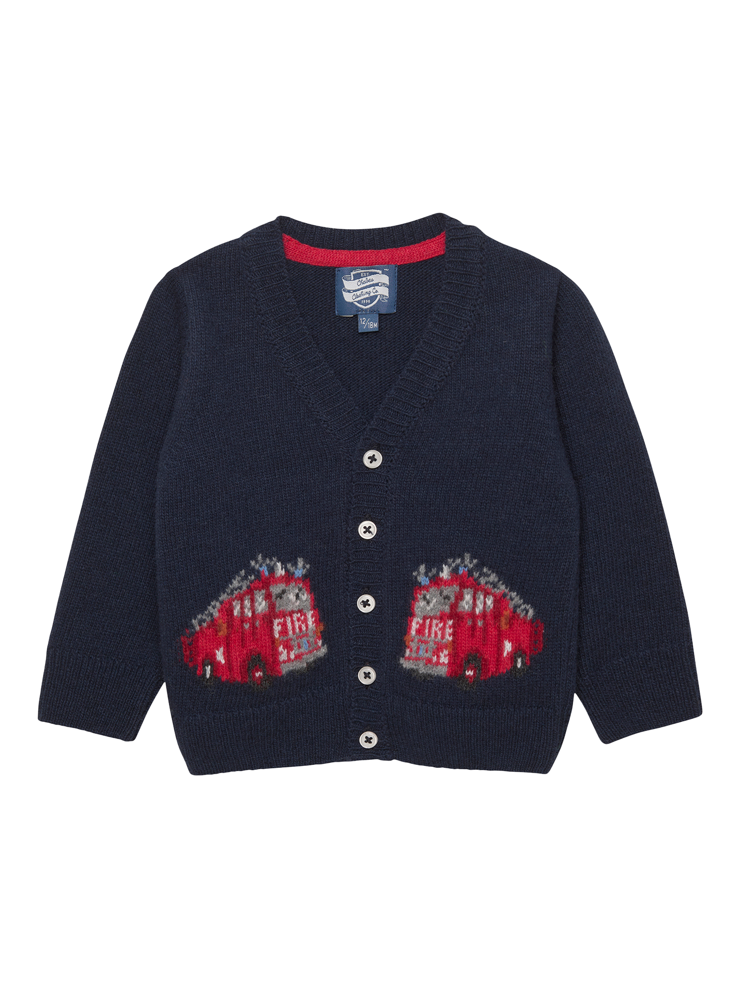 Product image 1 of 2, which shows Trotters Kids' Wool Blend Fire Engine Cardigan, Navy, 3-6 months