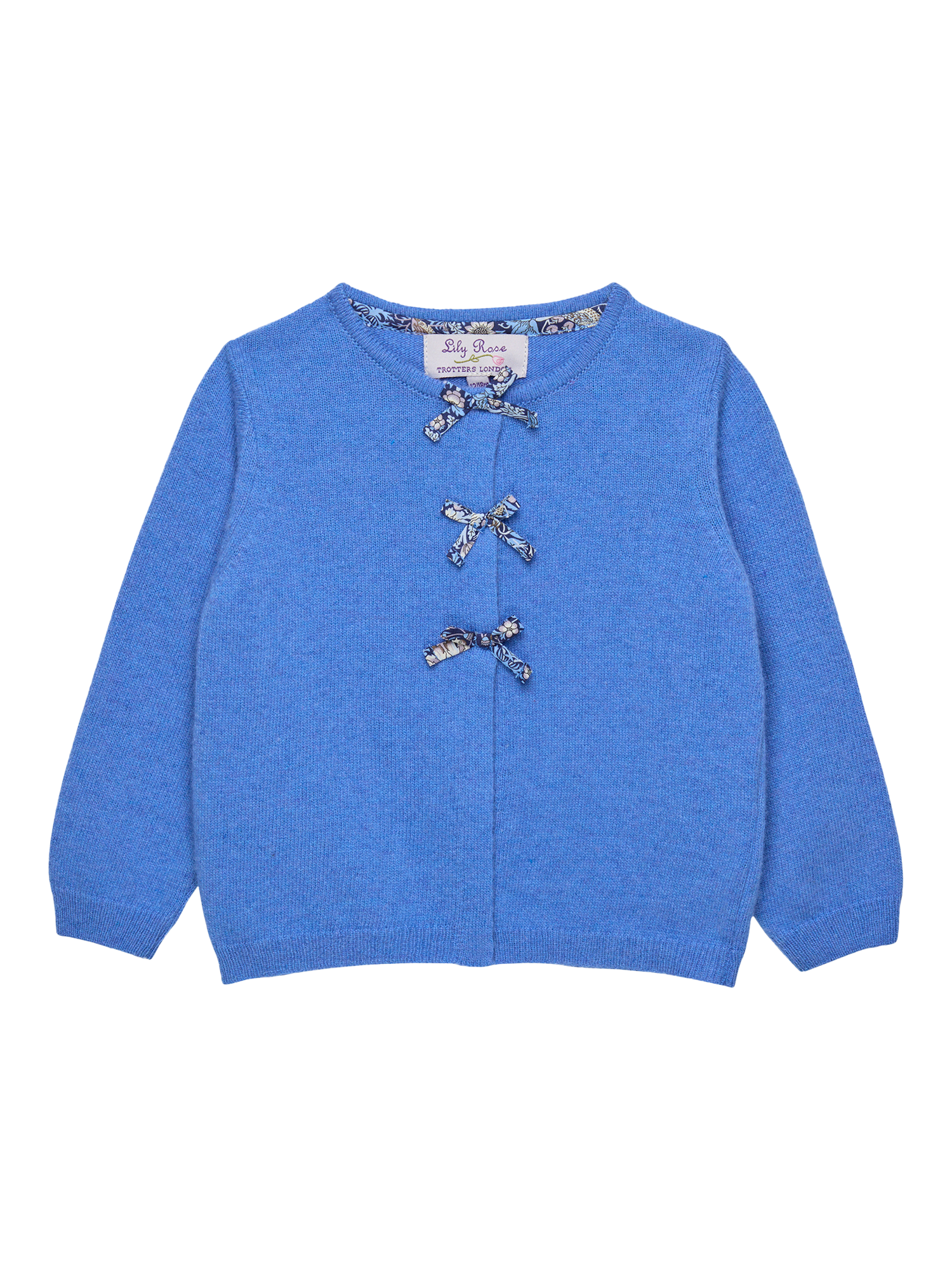 Product image 1 of 2, which shows Trotters Kids' Wool Blend Bow Front Cardigan, Blue/ Strawberry Thi, 3-6 months