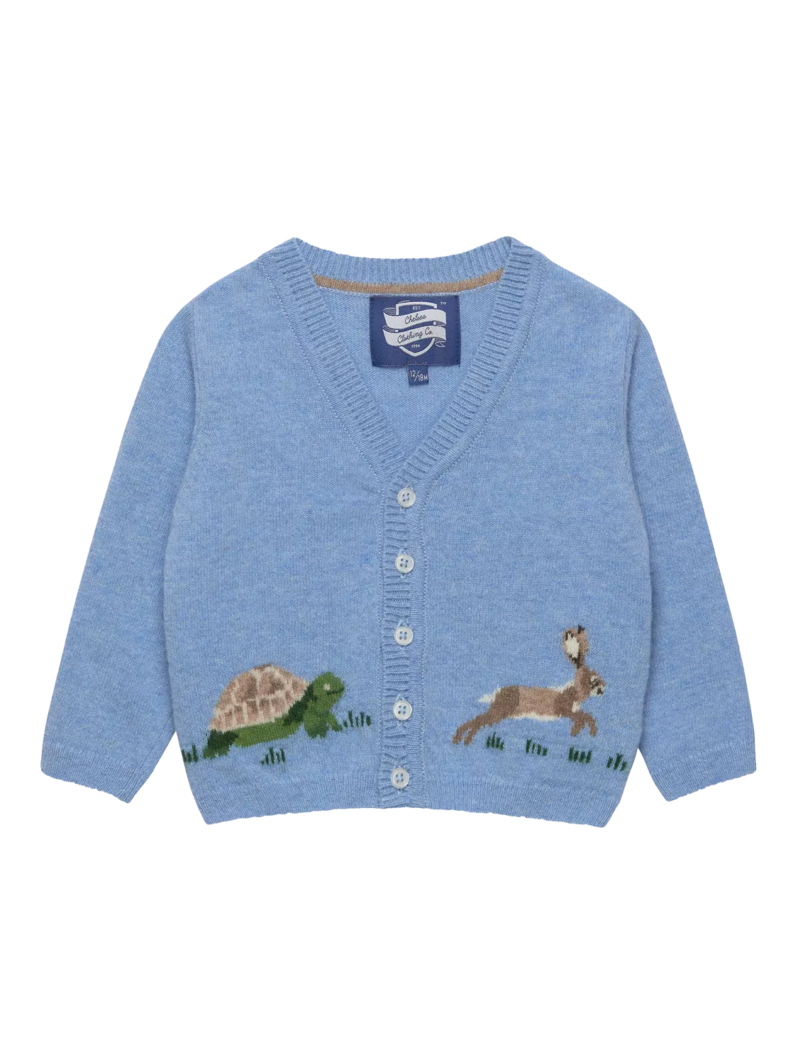 Trotters Kids' Wool Blend Tortoise and Hare Cardigan, Blue Marl
