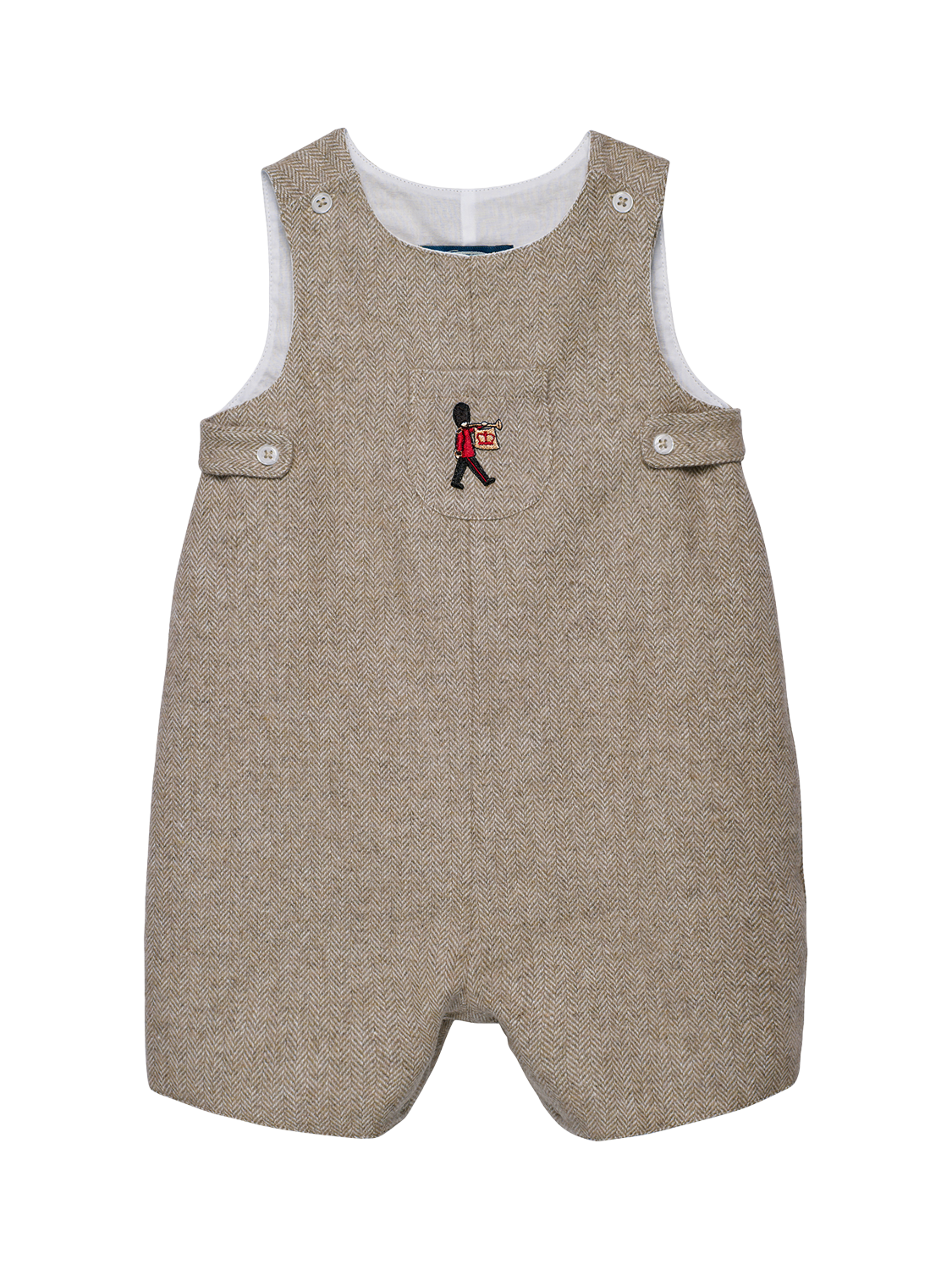 Product image 1 of 2, which shows Trotters Baby Guardsman Archie Wool Blend Romper, Brown Herringbone, 1-3 months