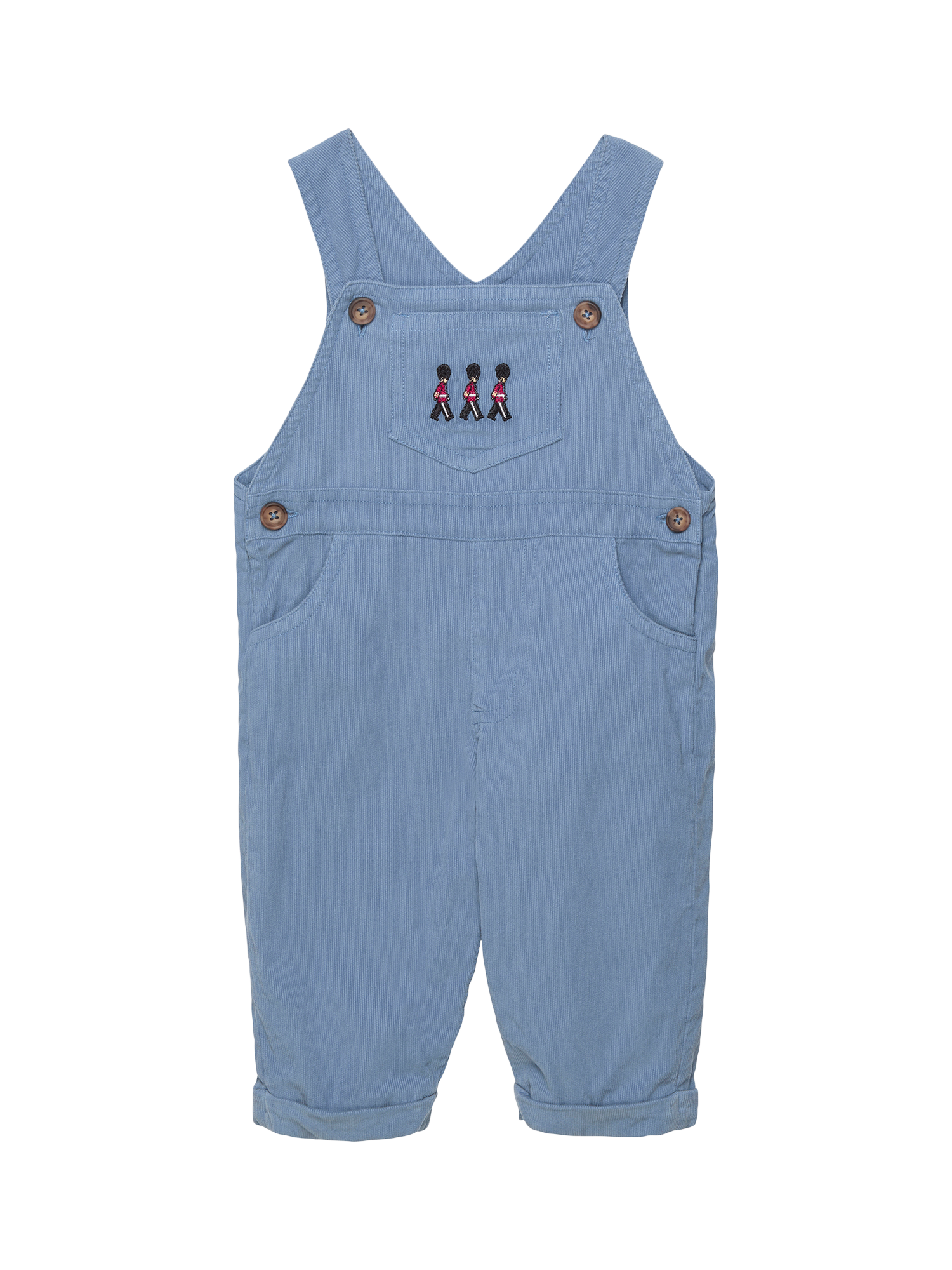 Product image 1 of 2, which shows Trotters Baby Guardsman Dungarees, Mid Blue, 1-3 months